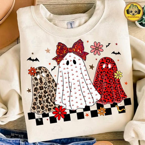 Leopard Checker Spooky Shirt, Neon Halloween Ghost Shirt, Cute Boo Coquette Shirt, Funny Spooky Season Shirt, Trendy Fall Halloween Tee