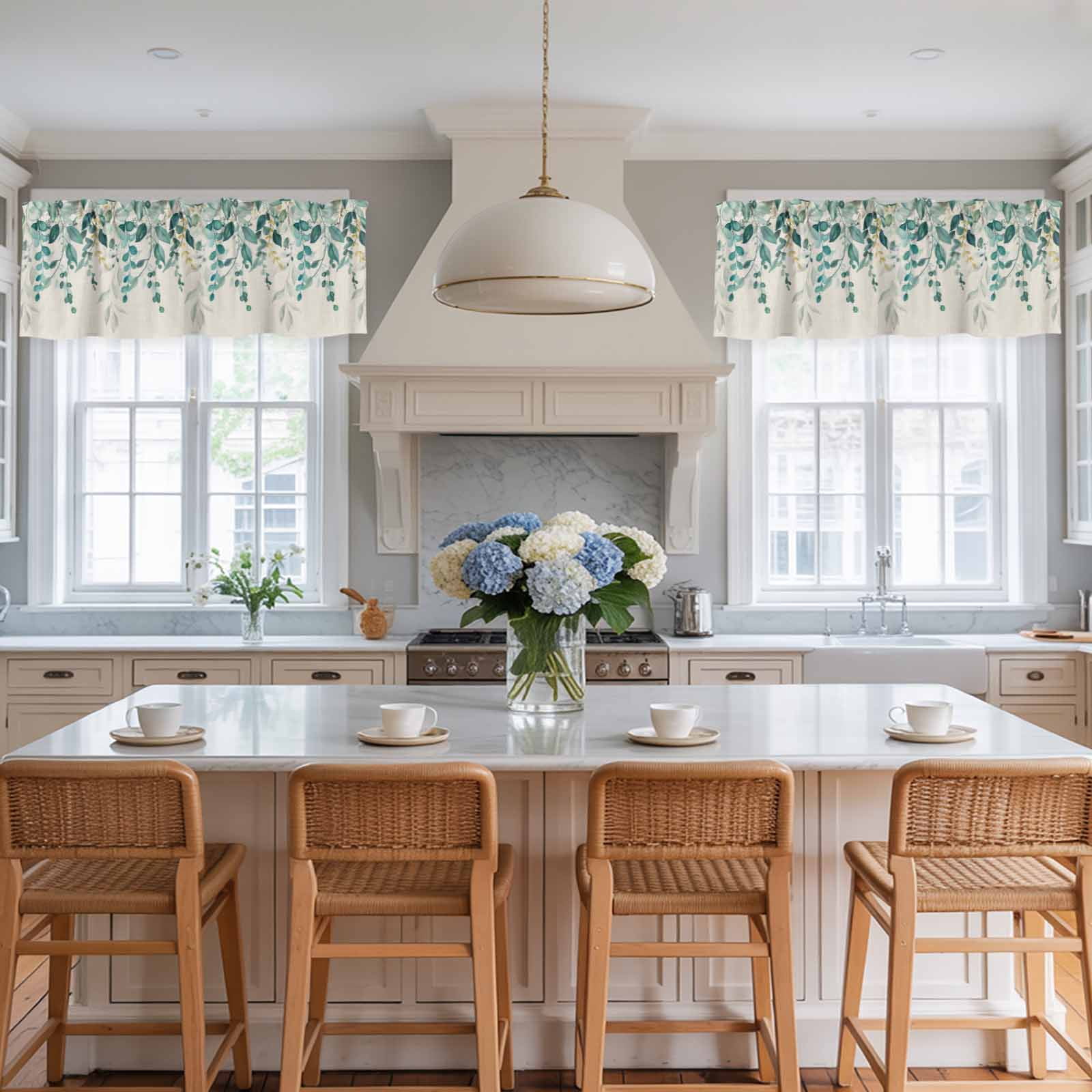 2 Pack Valances for Windows, Teal Green Eucalyptus Window Valances for Living Room/Bedroom/Bathroom, Farmhouse Weeping Leaves Linen Light Filtering Kitchen Curtain Valance 54"W x18" L