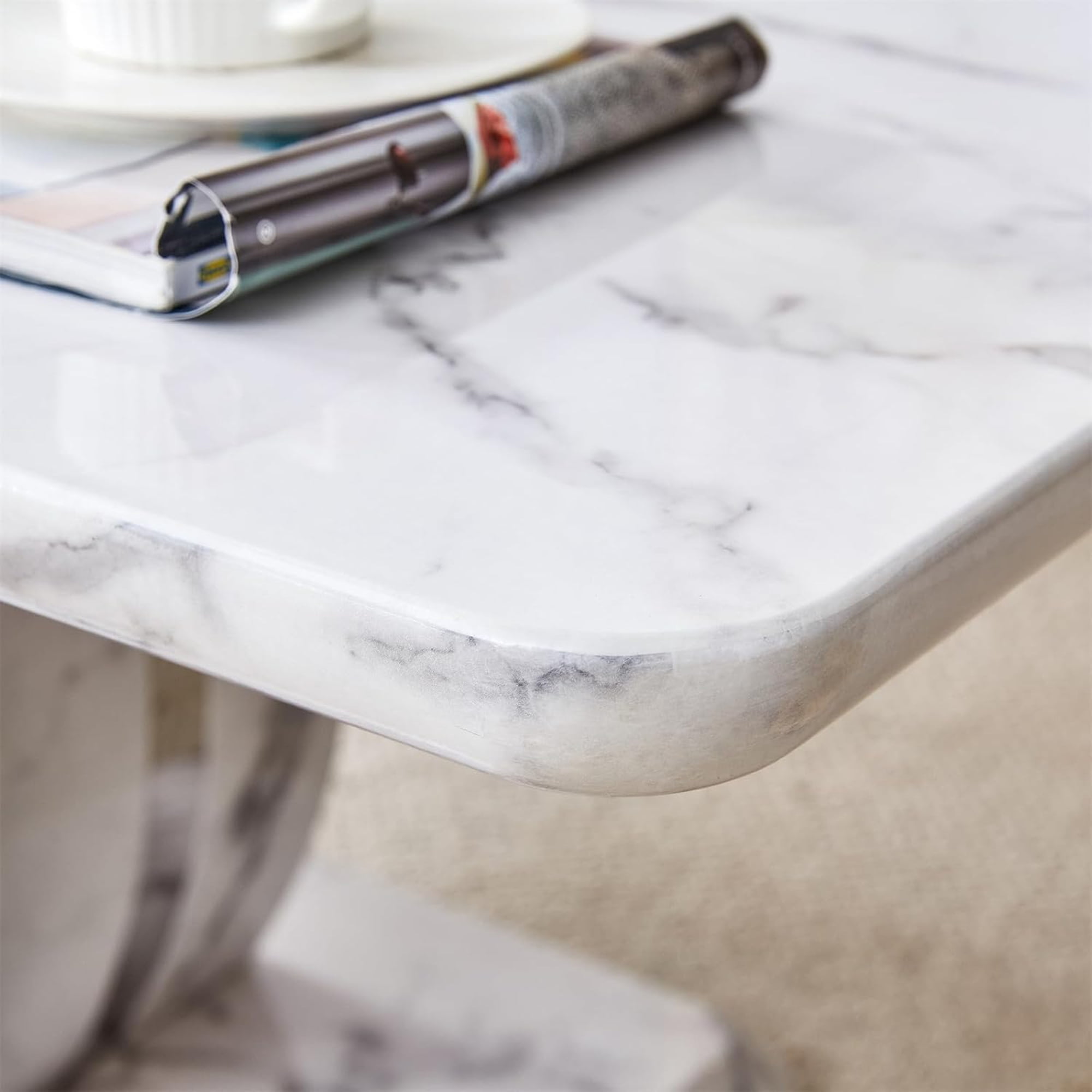 Rectangle Coffee Table for Living Room, Imitation Marble Coffee Tables with Storage, Modern Stable Base Center Tea Table for Dining Room Small Space Apartment (43.3''L×22.4''W-White)