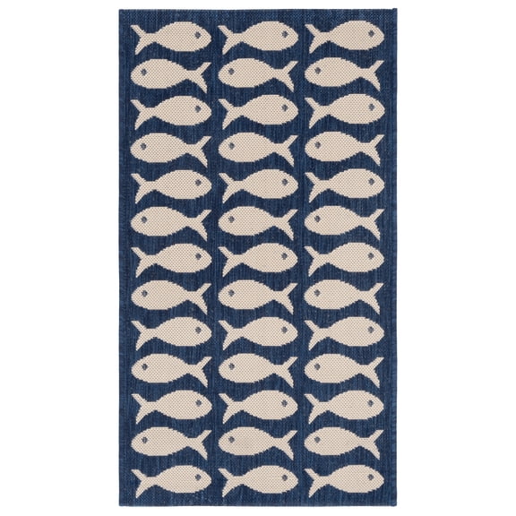 SAFAVIEH Courtyard Tranter Fishes Indoor/Outdoor Area Rug, Navy/Beige, 2' x 3'7"
