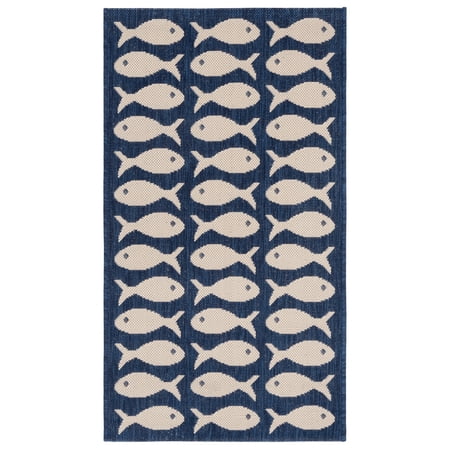 SAFAVIEH Courtyard Tranter Fishes Indoor/Outdoor Area Rug, Navy/Beige, 2' x 3'7"
