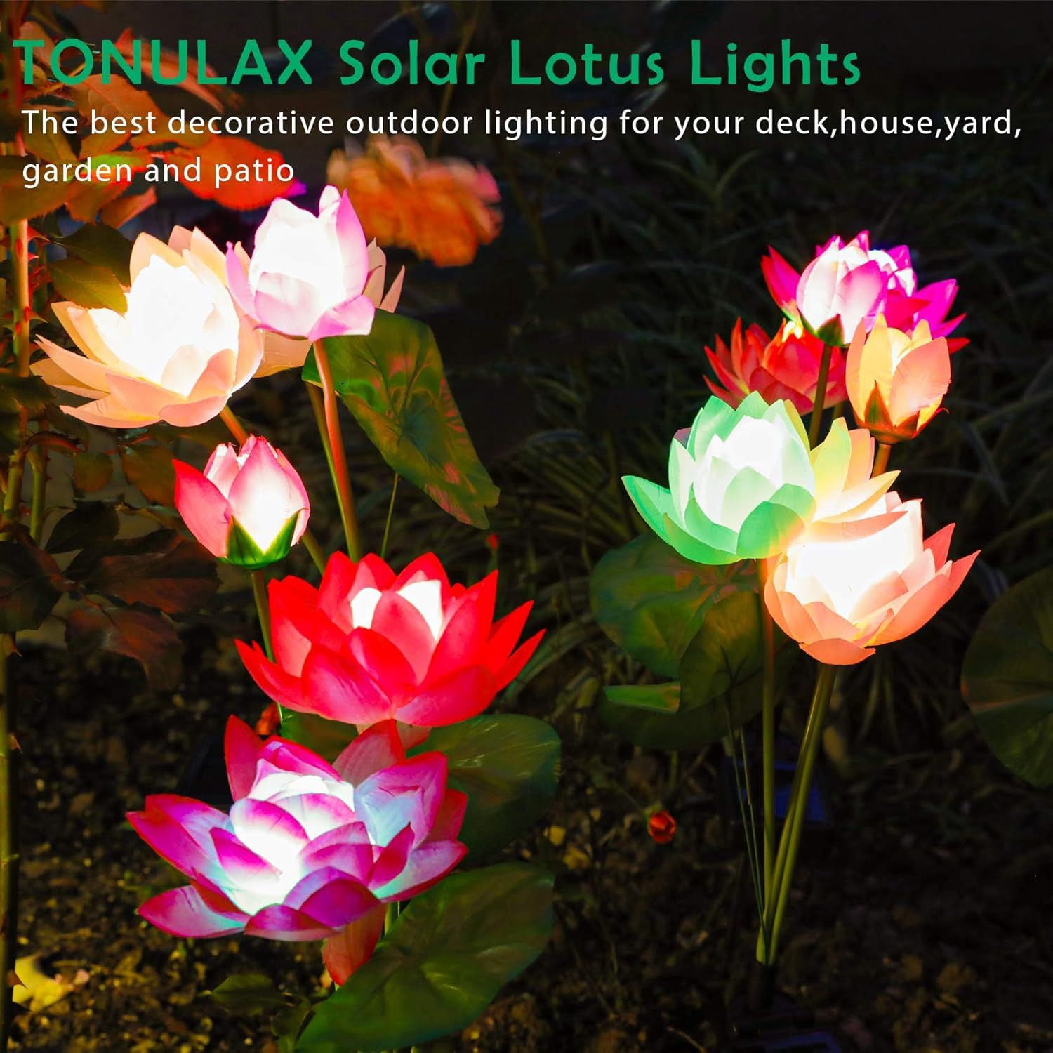 Solar Garden Lights, Lotus Flower Lights, Outdoor Light for Garden, Patio, Yard Decoration, 7 Color Changing Decorative Light, Larger Solar Panel (4 Pack)