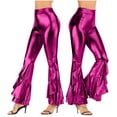 thumbnail image 3 of Women Vintage Shiny Metallic Bell Bottom Ruffle Flare Pants- 70s Disco High Waisted Dance Bootcut Palazzo Pants, 3 of 3