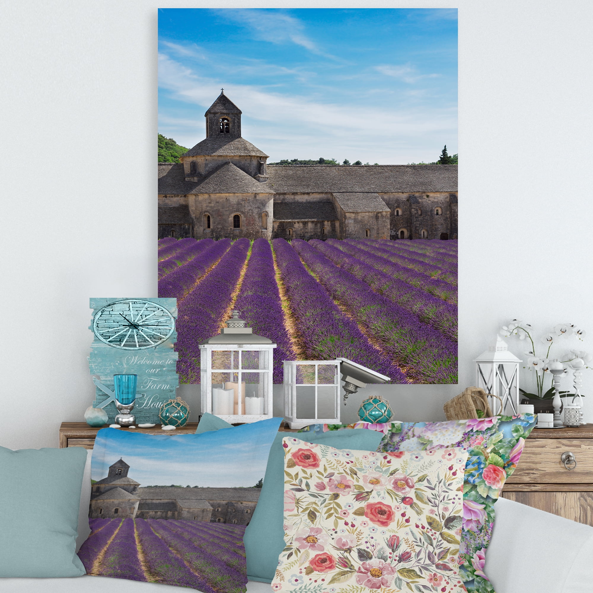 Abbey With Lavender Field In France 16 in x 40 in Photography Canvas Art Print, by Designart