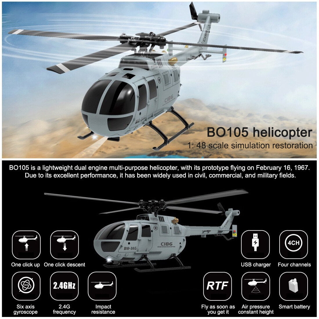 C186 BO105 RC Helicopter 2.4G 4CH Single Rotor 6-Axis Gyro RTF Flying Military Aircraft Model with Altitude Hold Optical Flow/ One-Key Takeoff for Adults & Teens