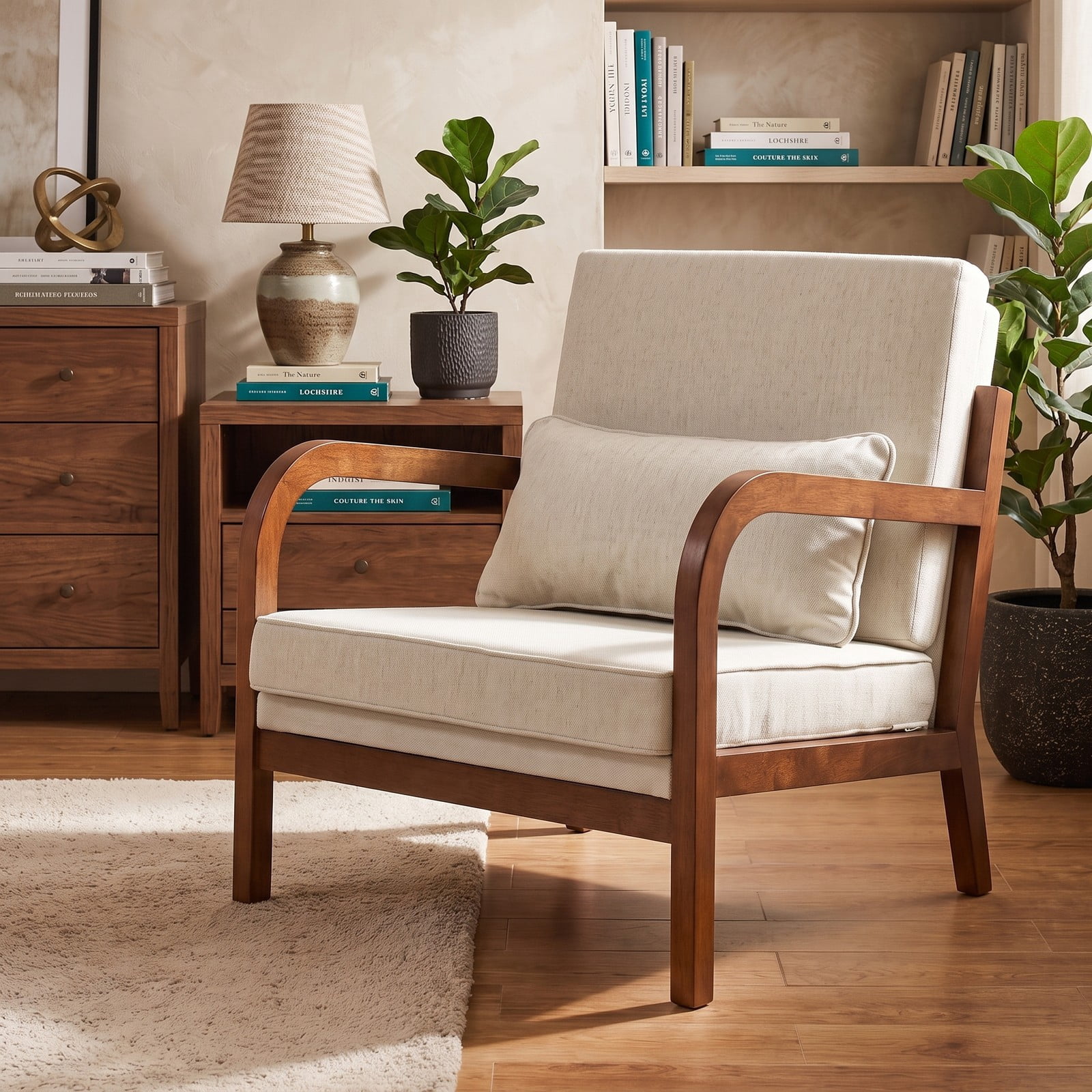 Furnibear Modern Accent Chair, Faux Leather Linen Fabric Upholstered Armchair with Removable Lumbar Pillow, Rubber Wood Frame Single Sofa Chair for Living Room, White