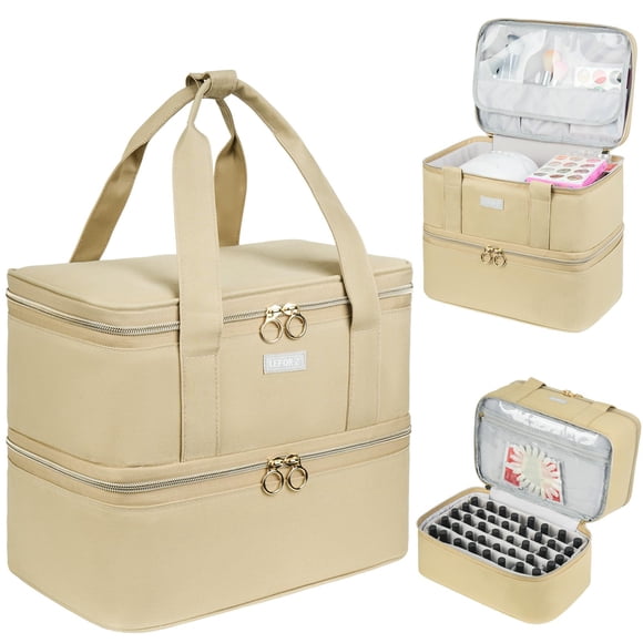 Bolsa organizadora de esmaltes de uñas LEFOR·Z de doble capa, color caqui
