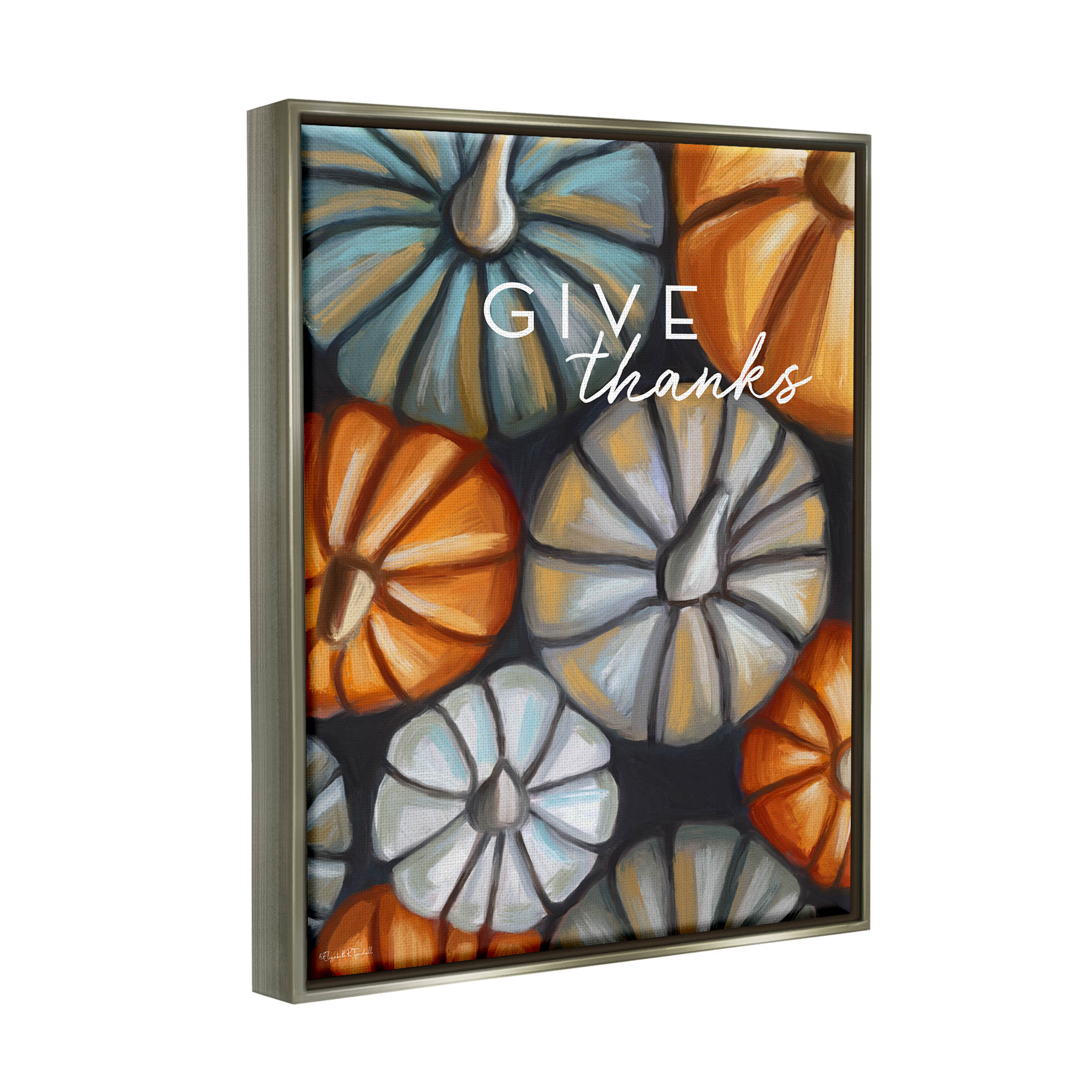 Stupell Industries Give Thanks Autumn Phrase Graphic Art Luster Gray Floating Framed Canvas Print Wall Art, Design by Elizabeth Tyndall