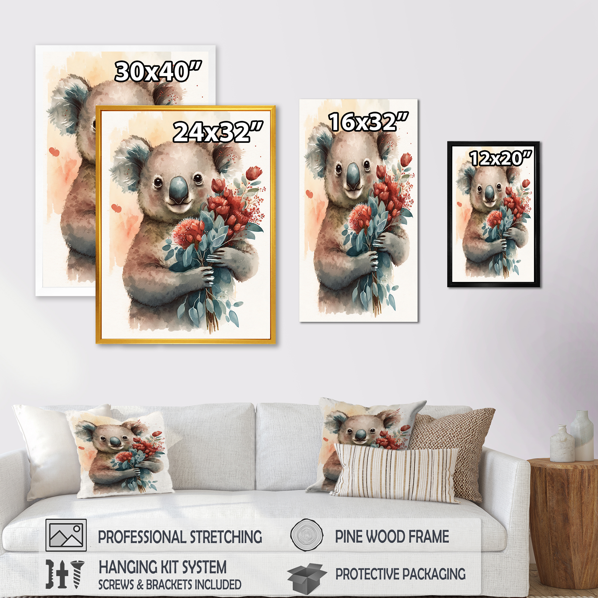 Designart Koala Bear Love Holding Flowers Canvas Wall Art