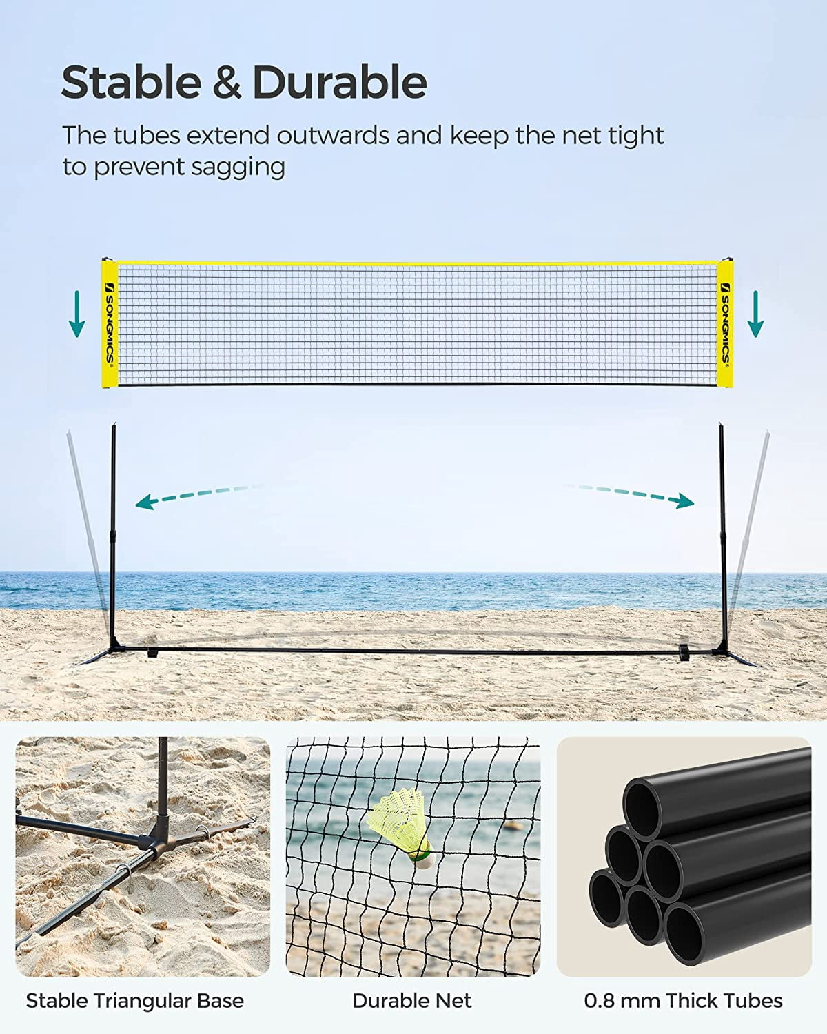 SONGMICS Badminton Net Set Portable Sports Set for Badminton Tennis Kids Volleyball Pickleball Easy Setup Nylon Net with Poles for Indoor Outdoor Court,13FT