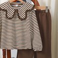 thumbnail image 5 of Owordtank Girls Trendy Casual Sweatsuit: 2-Piece Striped Print Collar Pullover Sweatshirt & Flare Pants, Fall Winter School & Play Outfit, 5 of 5