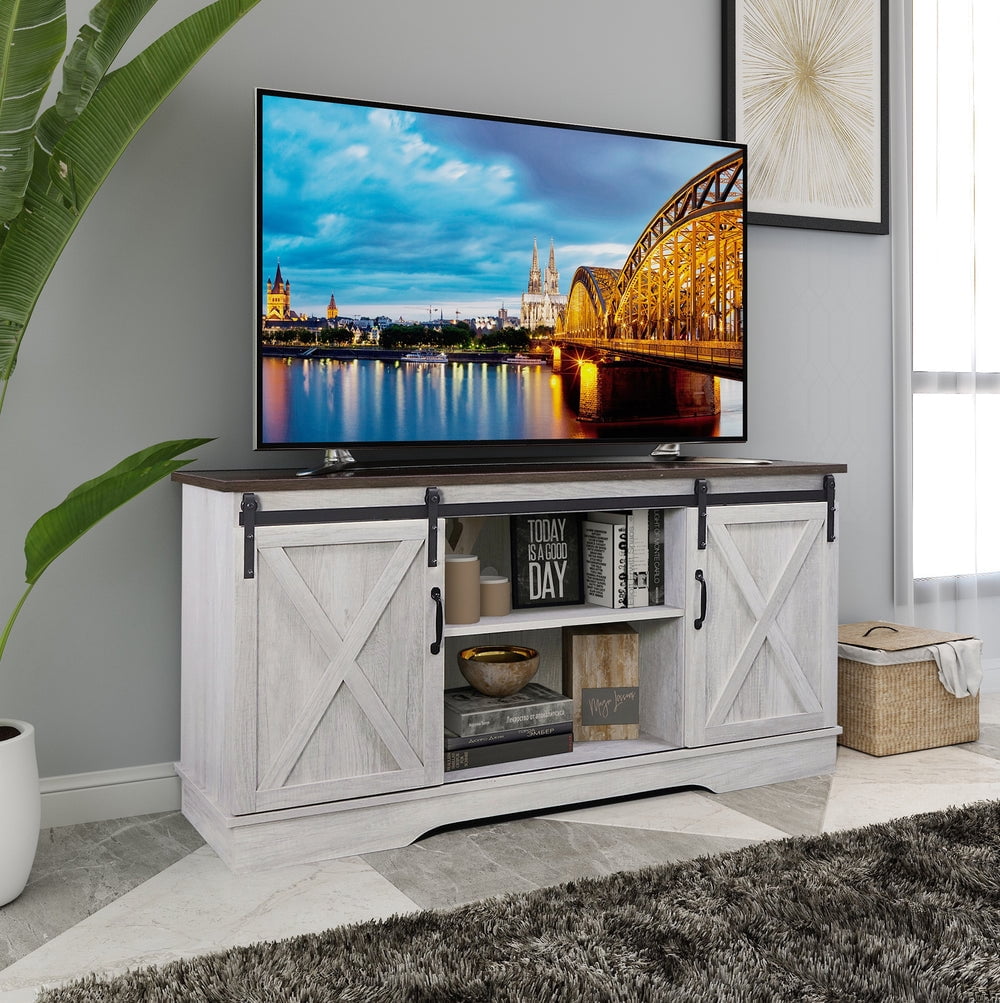 Farmhouse TV Stand for TVs Up to 65 Inch with Sliding Barn Doors and Adjustable Shelves, Sargent Oak/Dark Walnut