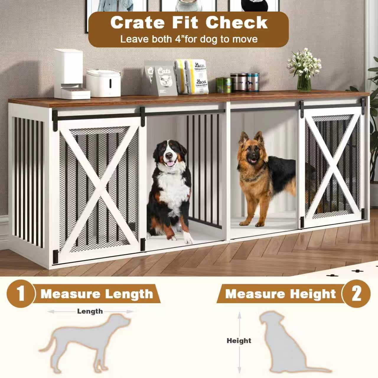 94.5" XXXL Dog Crate Furniture for 2 Medium or Large Dogs, Farmhouse Dog Kennel TV Stand with Sliding Door and Removable Divider (White)