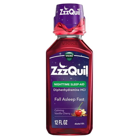 Vicks ZzzQuil Nighttime Sleep Aid Liquid, Diphenhydramine HCI 50mg, Vanilla Cherry, 12 Fl oz