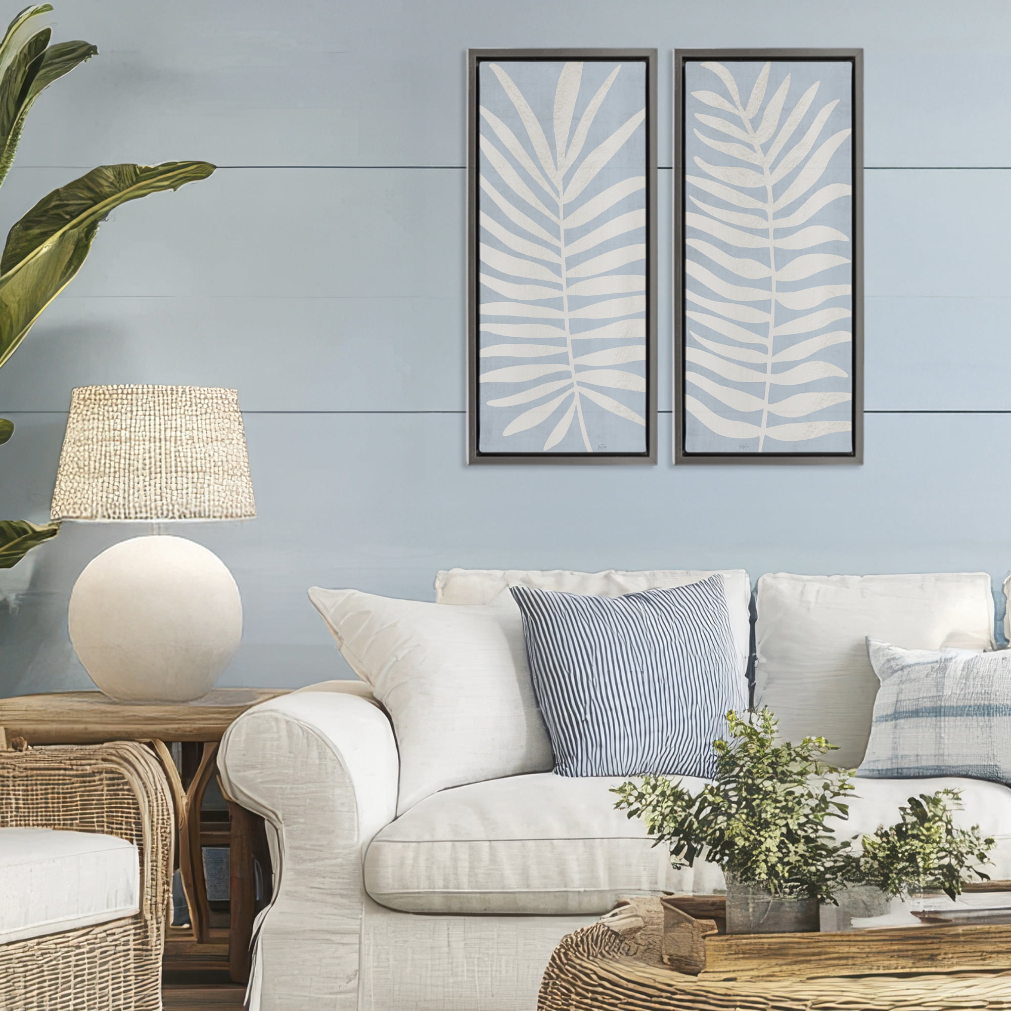 Stupell Industries Soft Palm Leaf Pair 2 Piece Gray Framed Floater Canvas Set, design by Natalie Carpentieri