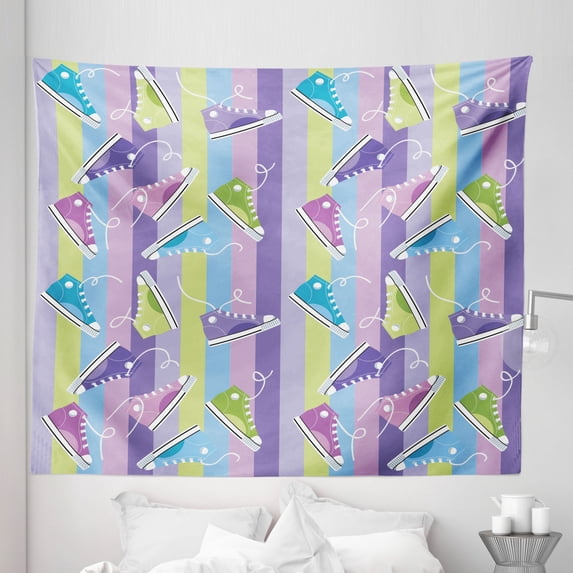 Retro Tapestry, Different Colored Sneakers on Vertically Striped Backdrop Youth Footwear Fashion, Fabric Wall Hanging Decor for Bedroom Living Room Dorm, 5 Sizes, Multicolor, by Ambesonne