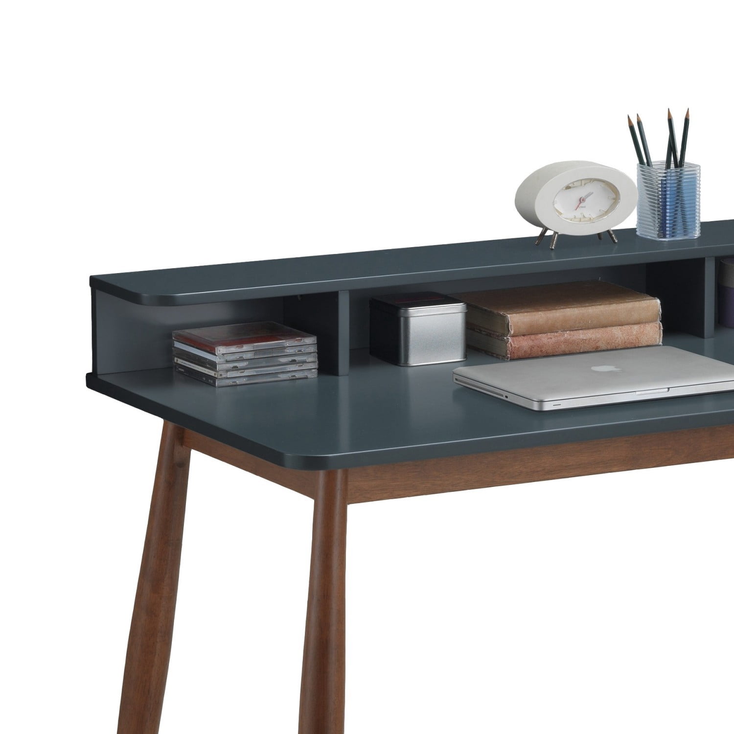 Mid-Century Modern Writing Desk with Hutch, 43" Home Office Desk with 3 Shelves Storage for Study Bedroom Computer Desk, Grey