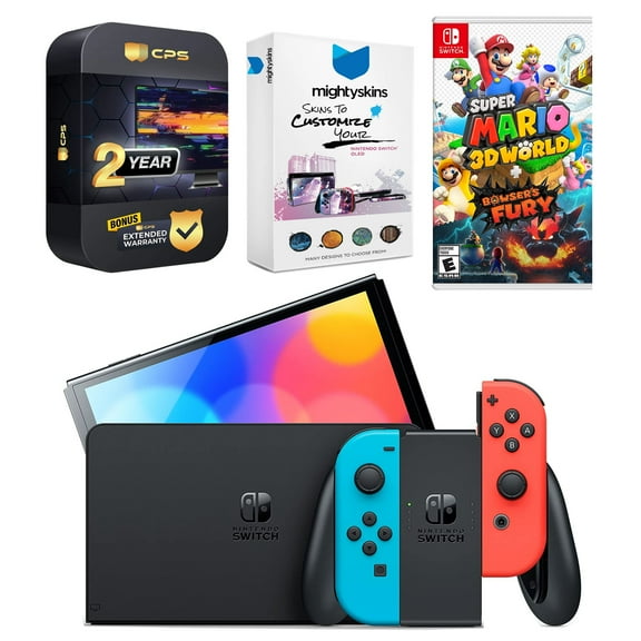 Nintendo Switch Neon Red & Blue OLED Console with Super Mario 3D World   Bowser’s Fury, MightySkins Console and Controller Skin Voucher, and 2 Year CPS Extended Warranty