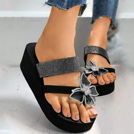 

VKEKIEO Open Toe Slippers For Women Indoor And Outdoor Mid Heel Platform Black