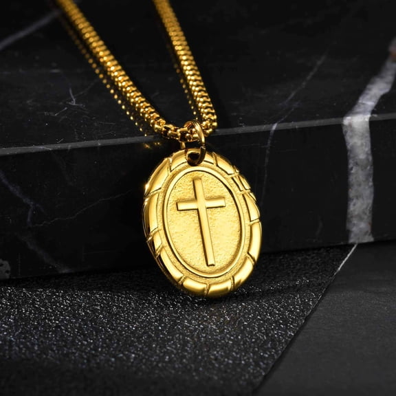 Oval Double Sided Cross Pendant Necklace for Men, 14K White Gold Chain Necklace Religious Faith Collar