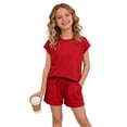 thumbnail image 3 of FRSASU Kids Girls 2 Piece Casual Set Button Down V-Neck Top with Elastic Waist Shorts Loose Comfy Summer Loungewear Outfit with Pockets Red-A, 3 of 9