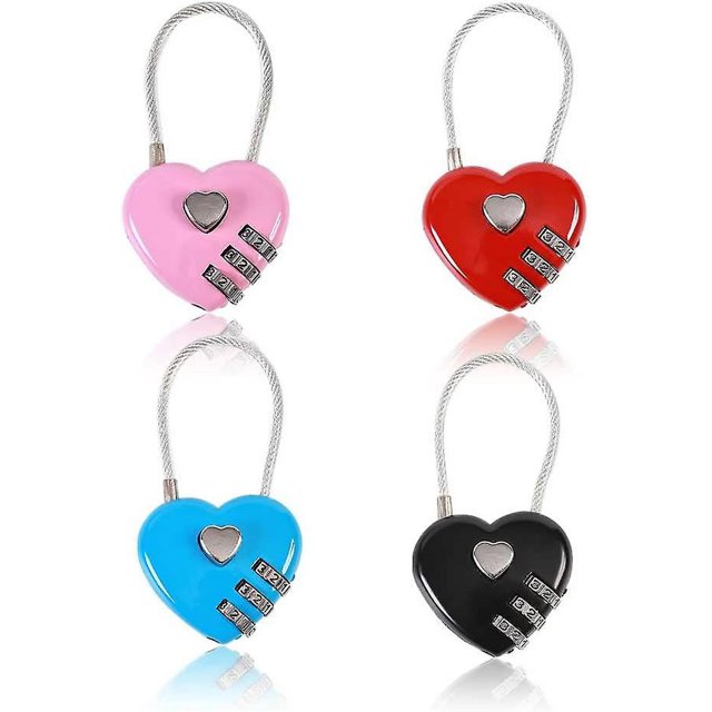 4pcs Heart Padlock, Combination Lock Mini Code Lock Wire Rope 3-digit Code Combination Padlock Couple Padlock Resettable Password Luggage Lock For Lug