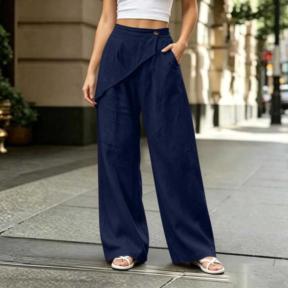 BRELIL Women's Wide Leg High Waisted Flowy Pants Casual Solid Boho Lounge Palazzo Trousers Vacation Beach Outfits, Navy S
