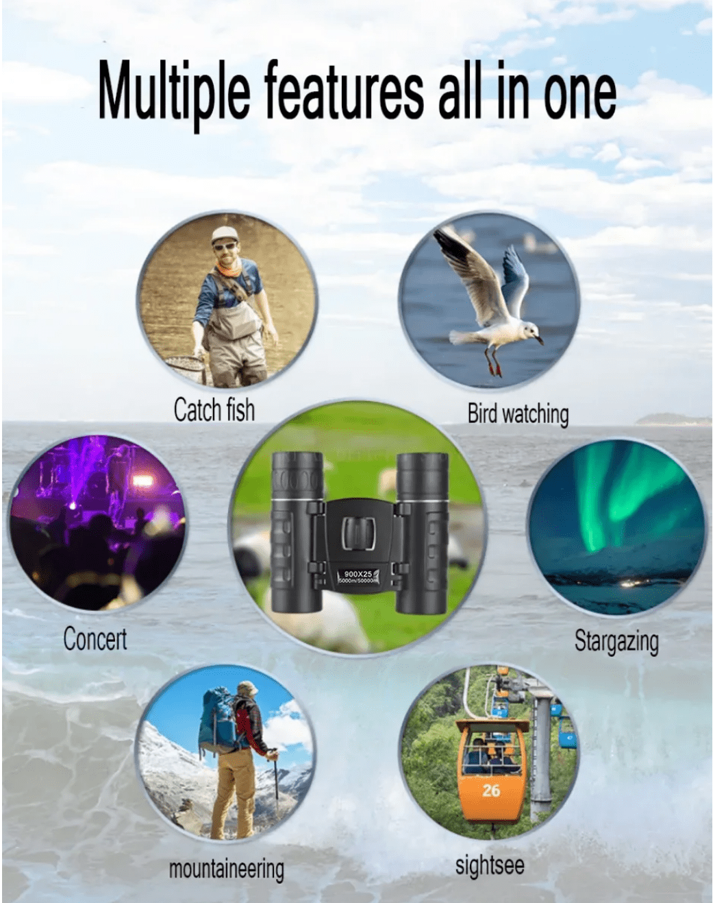 900x25 HD Zoom Portable Powerful Binoculars Long Range BAK4 Telescope Folding Low Light Binoculars for Hunting Camping