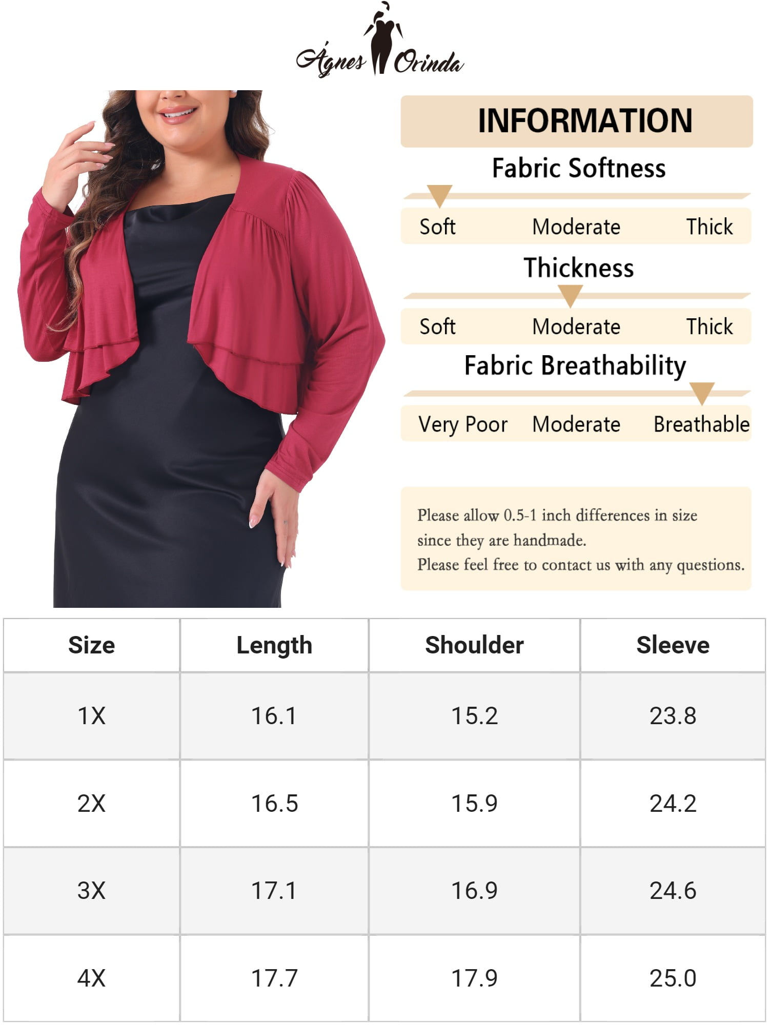 DARING DIVA Plus Size Long Sleeve Cropped Cardigans Shrugs Bolero 3X Burgundy