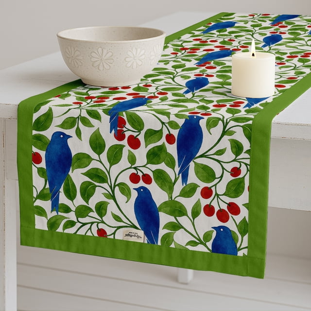 Vargottam Boho Cotton Table Runner - Double Layer with Printed Bird Design - Machine Washable - Table Dcor for Kitchen, Living & Events, 14" x 90"