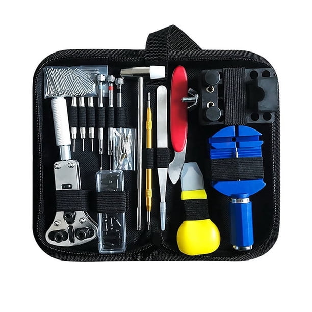 Herramientas ajustables y abridor de cajas para un kit de reparación de relojes de primera calidad, con herramienta para barra de resorte y herramienta para batería en un estuche de transporte