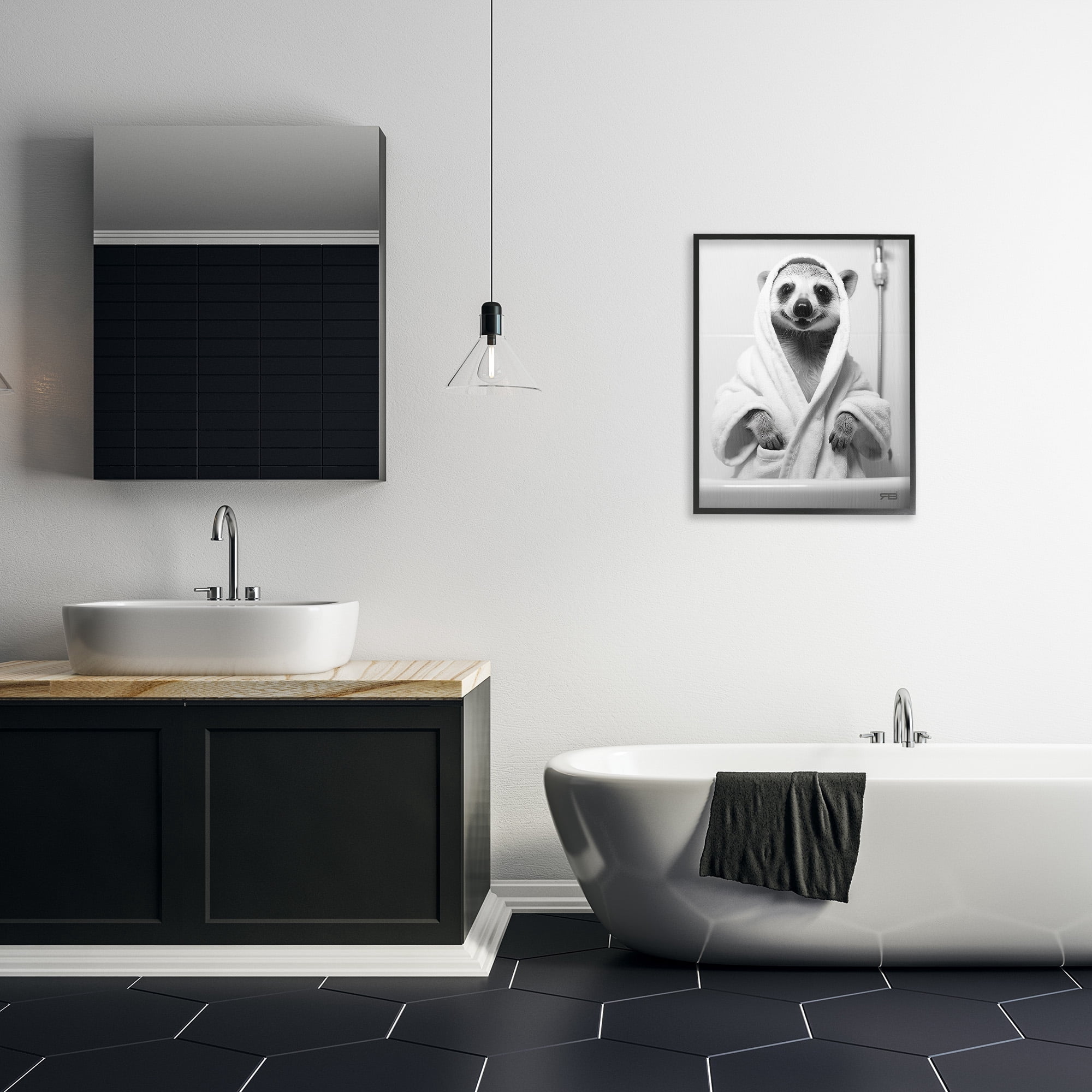 Stupell Industries Animal in Bathroom Robe Animals & Insects Painting Black Framed Art Print Wall Art, 24 x 30