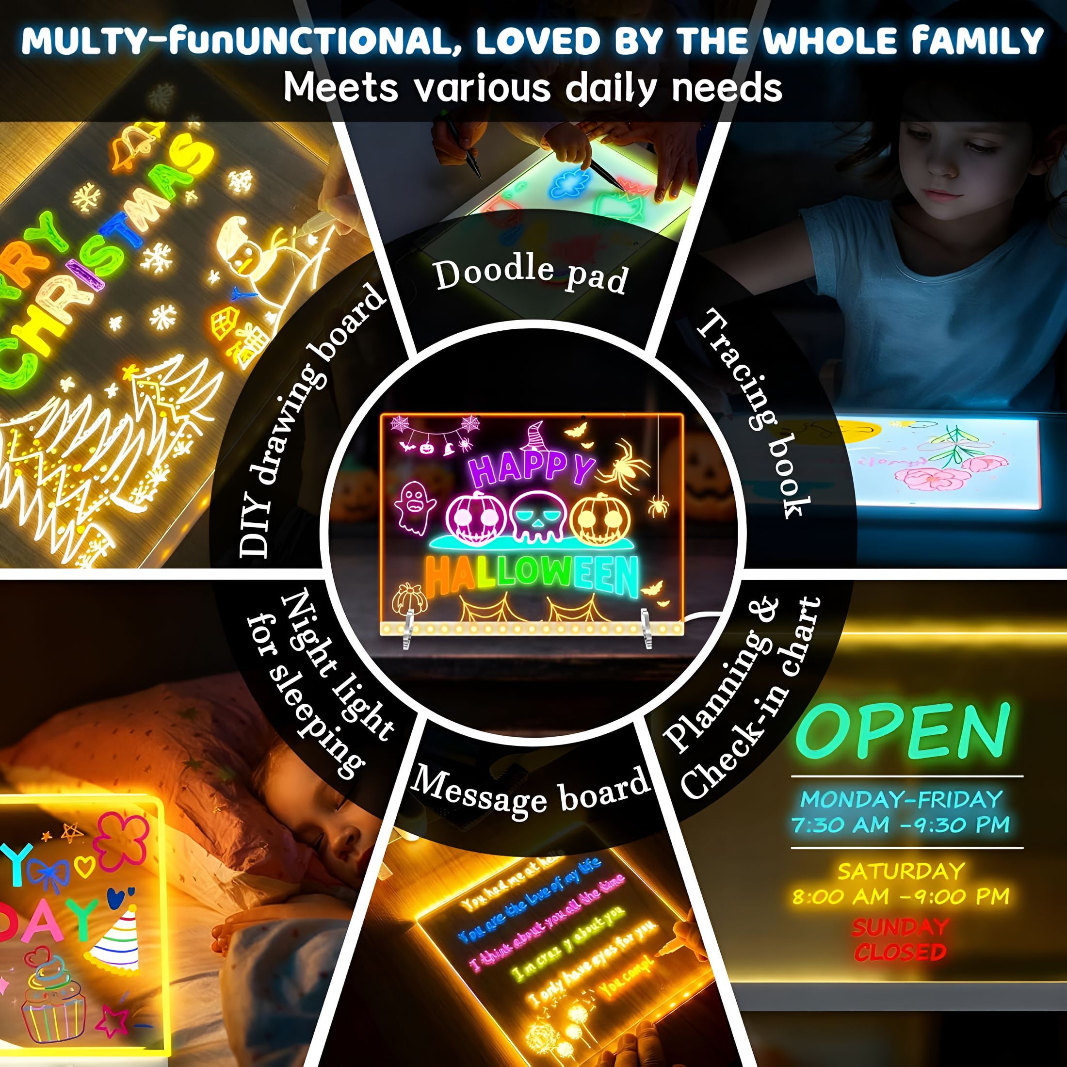 CCOCC LED Drawing Board 13.7x10 inch Glow Doodle Board with 7 Colors & 4 Light Modes, Includes Adapter, Markers and Tracing Paper, Creative Light-Up Writing Pad for Home and Gift Use