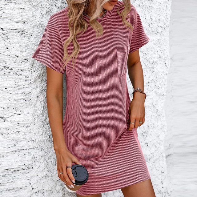 Konbeca Women Summer Casual Color Contrast Short-Sleeve Crew Neck Dress