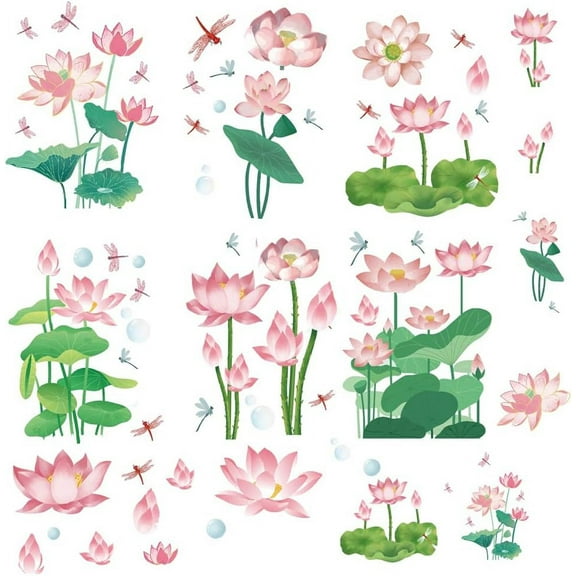 Lotus Dragonfly Wall Decals Chinese Style Flower Leaves Stickers Window Stickers Peek and Stick Waterproof Removable Vinyl Wall Art for Bathroom Restroom Bedroom Living Room Decorations Colorful