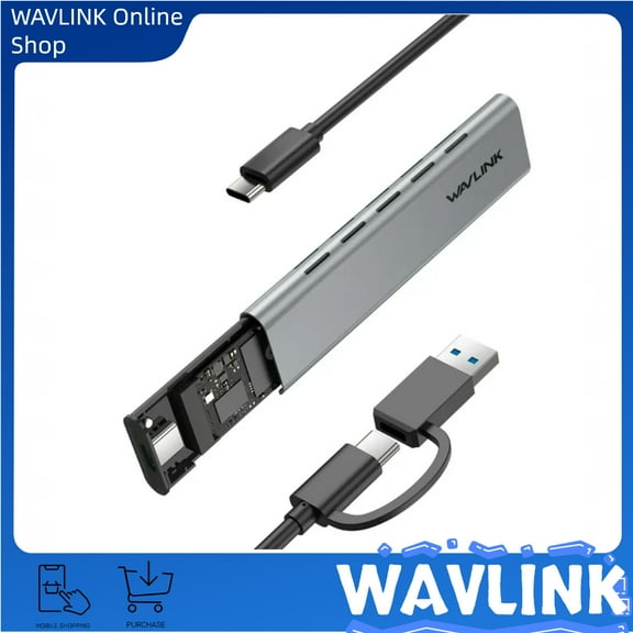 WAVLINK Aluminum M.2 NVMe and SATA SSD Enclosure, USB 3.1 Gen 2(10Gbps) to NVMe PCI-E and SATA SSD Case, Supports UASP Trim for M-Key/B M Key SSDs 2230/2242/2260/2280 (Up to 8TB),not included SSD
