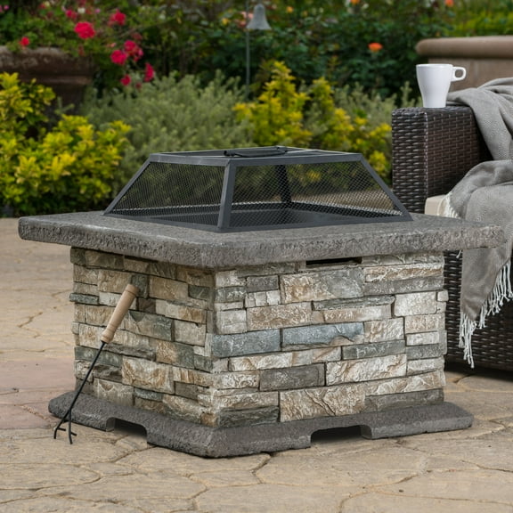 Christopher Knight Home 29" Outdoor Patio Wood Burning Fire Pit with Lid, MGO Base & Iron Bowl, Stone Gray