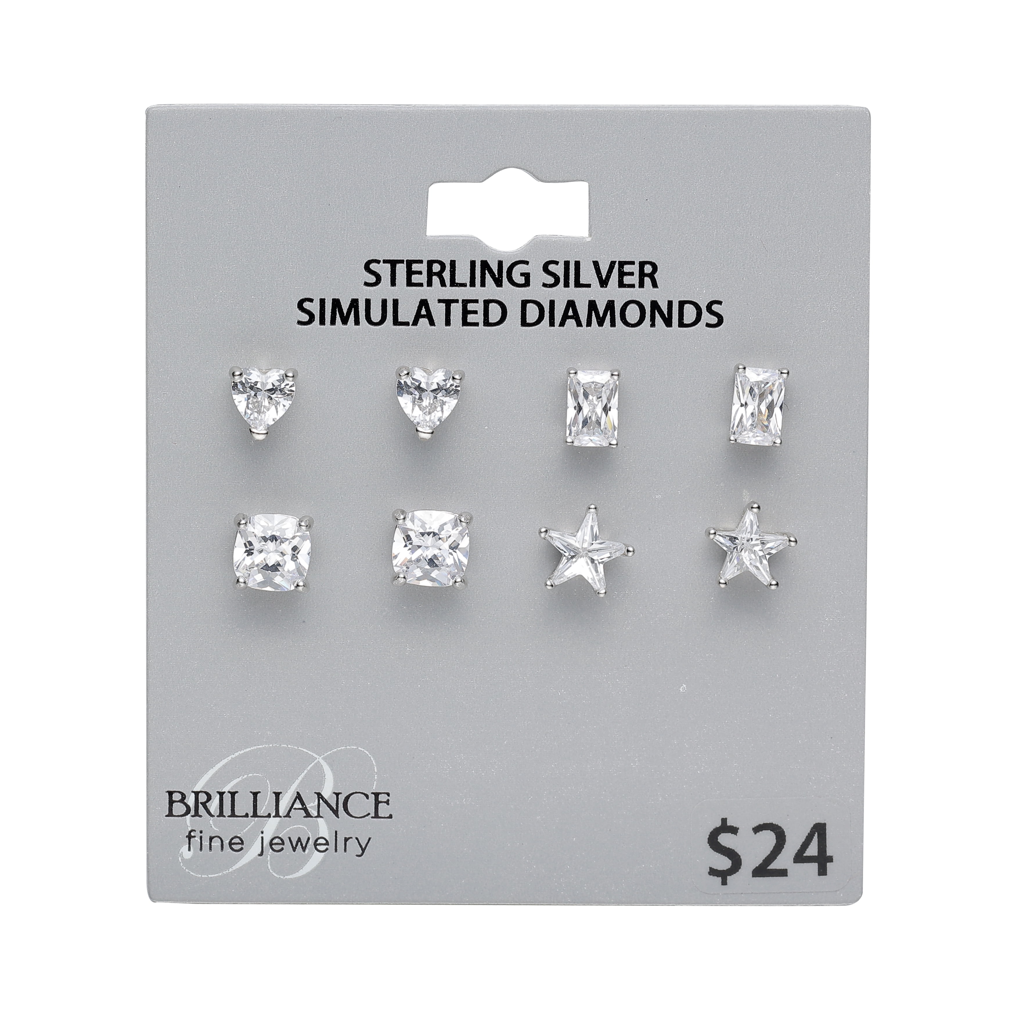 Brilliance Fine Jewelry Women's Simulated Diamond 4 Pair Multi Shape Earring Set in Sterling Silver