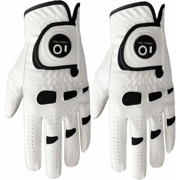 FINGER TEN Men’s Golf Glove Left Hand Right with Ball Marker Value 2 Pack, Weathersof Grip Soft Comfortable, Fit Size Small Medium ML Large XL (X-Large, Worn on Left Hand)