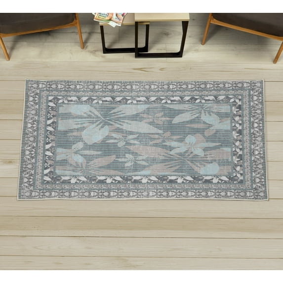 Flowers Decorative Rug, Soft Colors Exotic Petals of Blush Tones Tropical Lily Jungle Floral, Quality Carpet for Bedroom Dorm and Living Room, 6 Sizes, Warm Taupe and Pale Blue, by Ambesonne