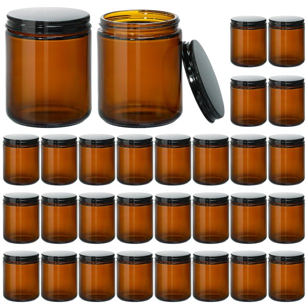 Frascos para velas KEYWING de vidrio ámbar de 240 ml con tapas de metal negro, paquete de 30