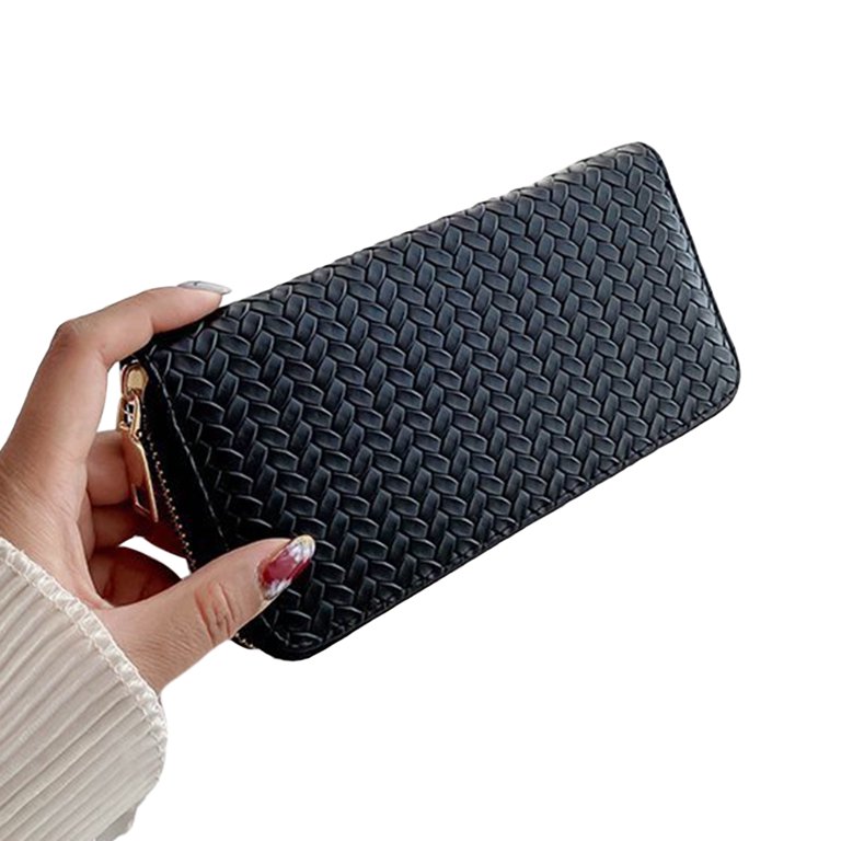 Women Ladies Zip Around Long Wallets Woven Pattern Clutch Purse PU Leather  Large Credit Card Holder