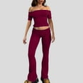 thumbnail image 2 of 2 Piece Flare Pants Set for Women Going Out Off Shoulder Top and Bell Bottom Leggings Slim Fit Sports Yoga Outfits (X-Large, Wine|Short-sleeve), 2 of 7