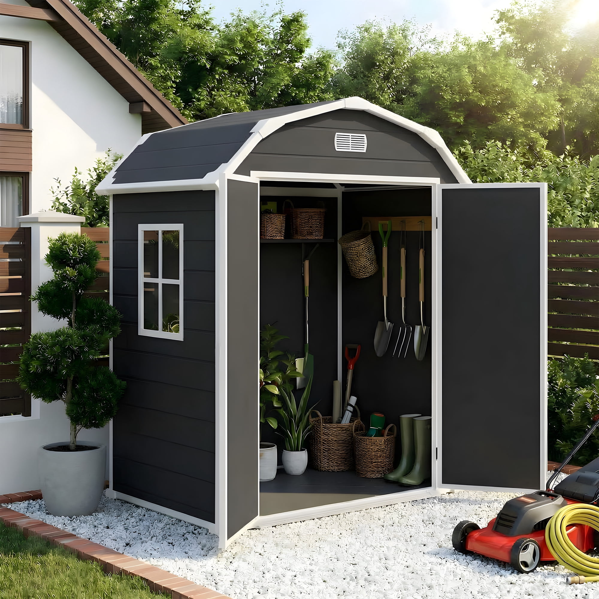 6x4.5 ft Resin Outdoor Storage Shed with Floor, Plastic Storage Shed with Lockable Door, Outside Shed Perfect to Store Patio Furniture