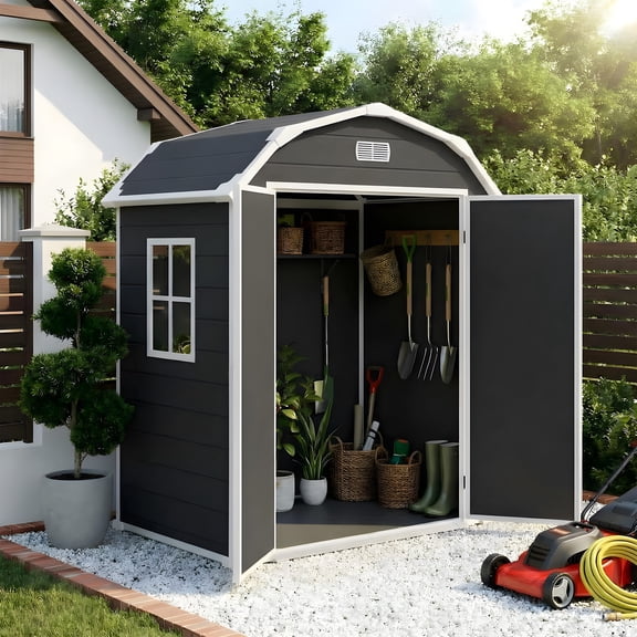 6x4.5 ft Resin Outdoor Storage Shed with Floor, Plastic Storage Shed with Lockable Door, Outside Shed Perfect to Store Patio Furniture