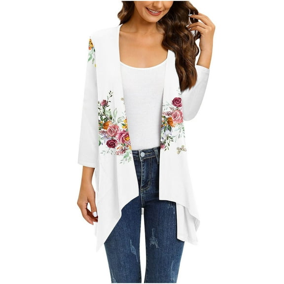 Herrnalise Women's Summer Sweater Women's 3/4Sleeve Fashion Casual Comfortable Pockets Printing Cardigan Blouse Cardigan Sweaters for Women Lightweight 4XL