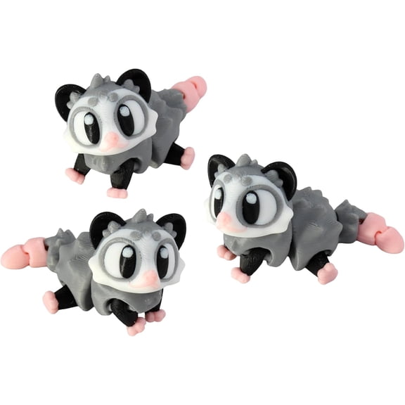 3D Printed Articulated Opossum Fidget Toy 3 Pack – Flexible Cute Animal Desk Decor, Adult Stress Relief Collectible – 3D Printed in USA