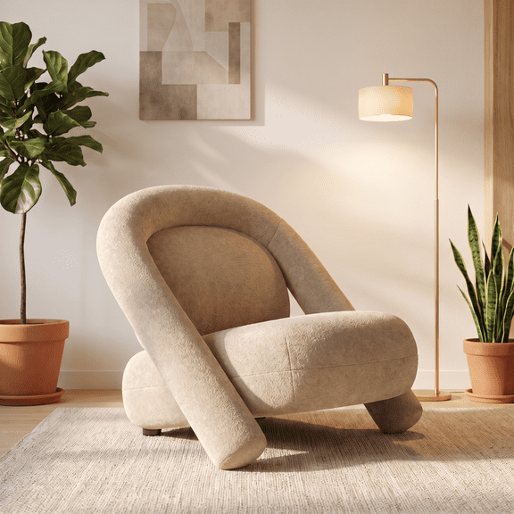 iooHug 32" Velvet Accent Chair, Modern Upholstered Armchair with Soft Cushion and Curved Backrest, Comfy Lounge Chair for Living Room, Bedroom, Reading Corner, Beige