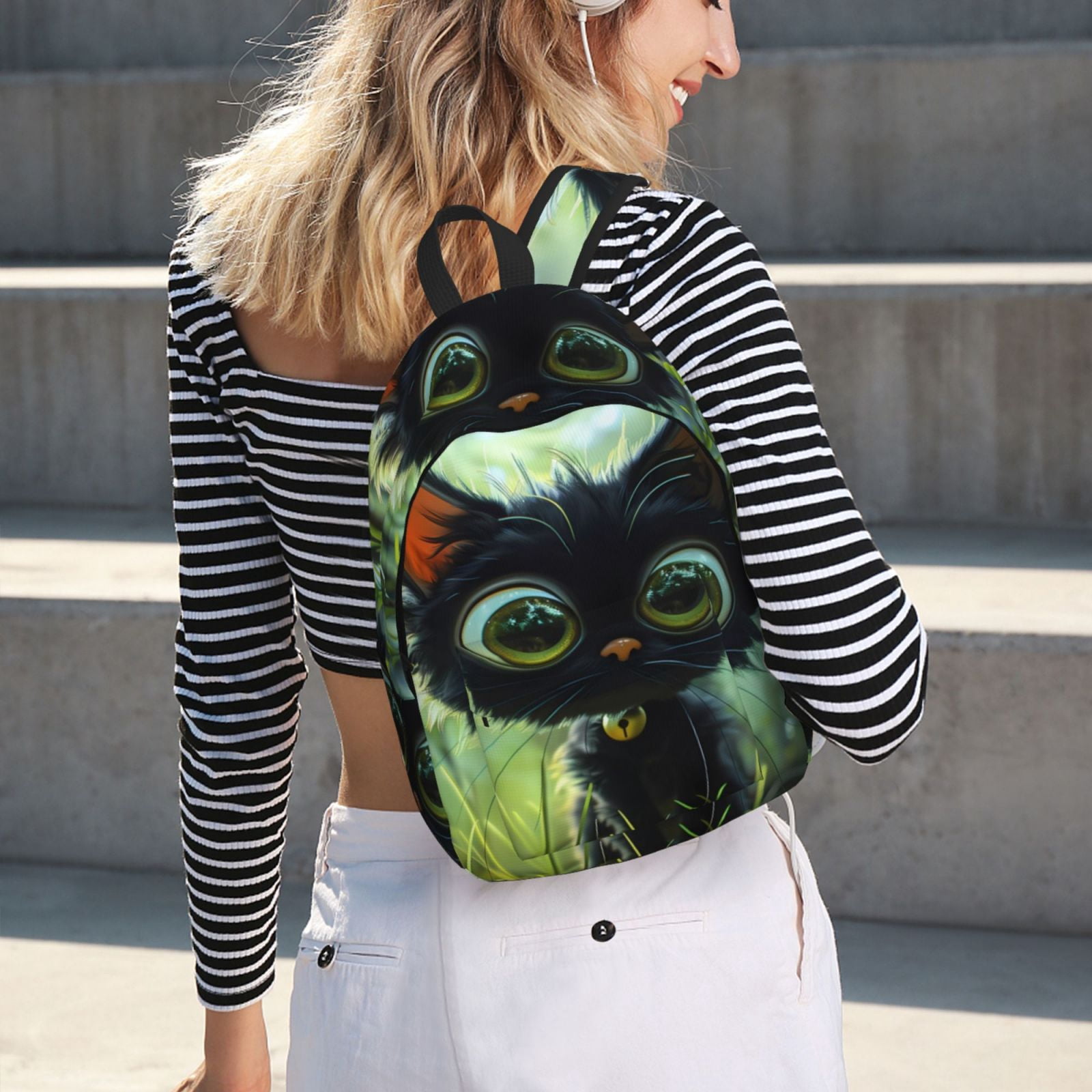 Defioc Cute Big-Eyed Black Cat for Canvas Backpack,Travel Rucksack Unisex Knapsack Laptop Backpack for Work & College -Small