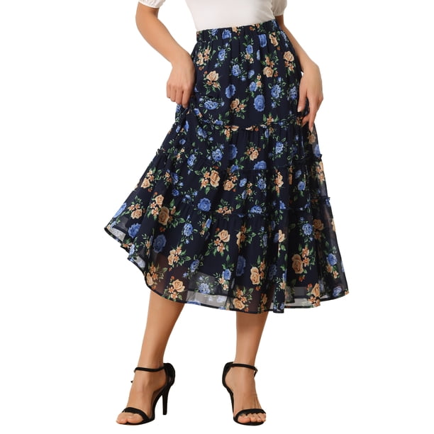 Falda Floral de Chiffon para Mujer Inspire Chic, A-line, Larga, con Volantes en Capas, Boho, Verano, Midi, Talla XS, Color Marino